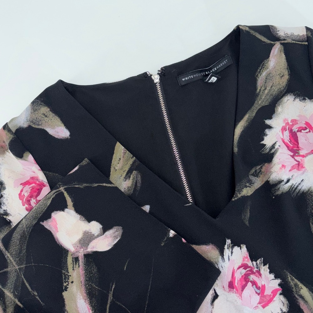 White House Black Market Floral Bell Sleeve V-Neck Shift Dress Black Pink 0